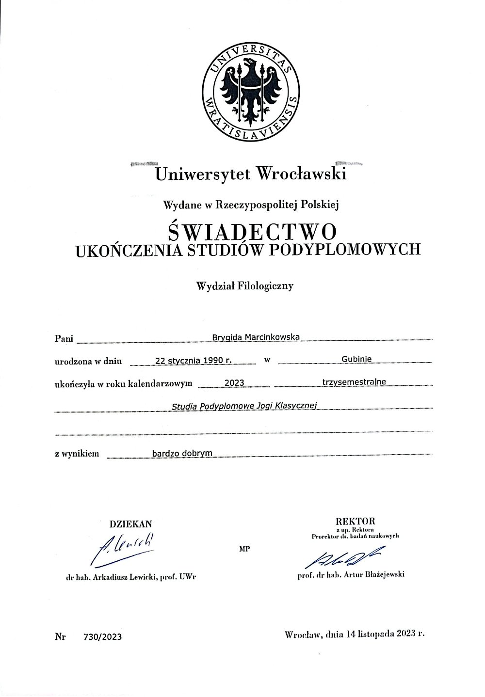 Dyplom, Brygida Marcinkowska
